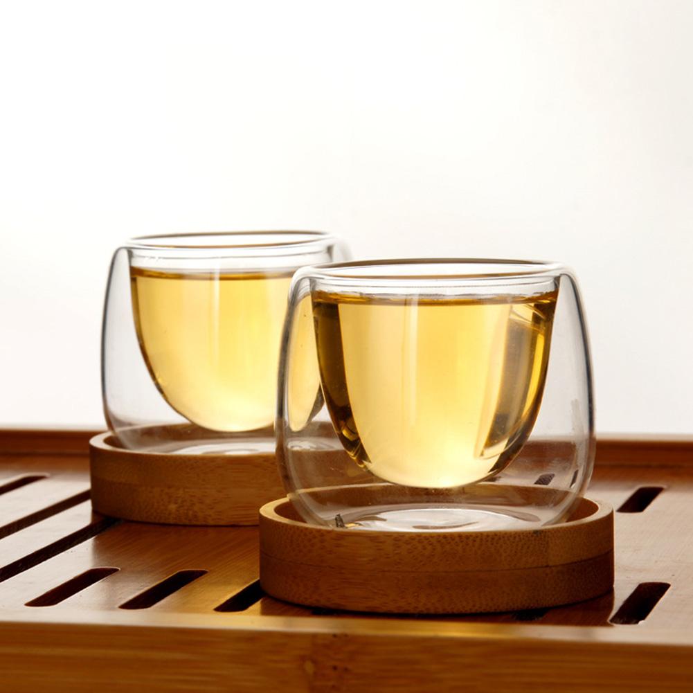 CoolWall Tea Cup — Double-Wall Glass with Wood Tray