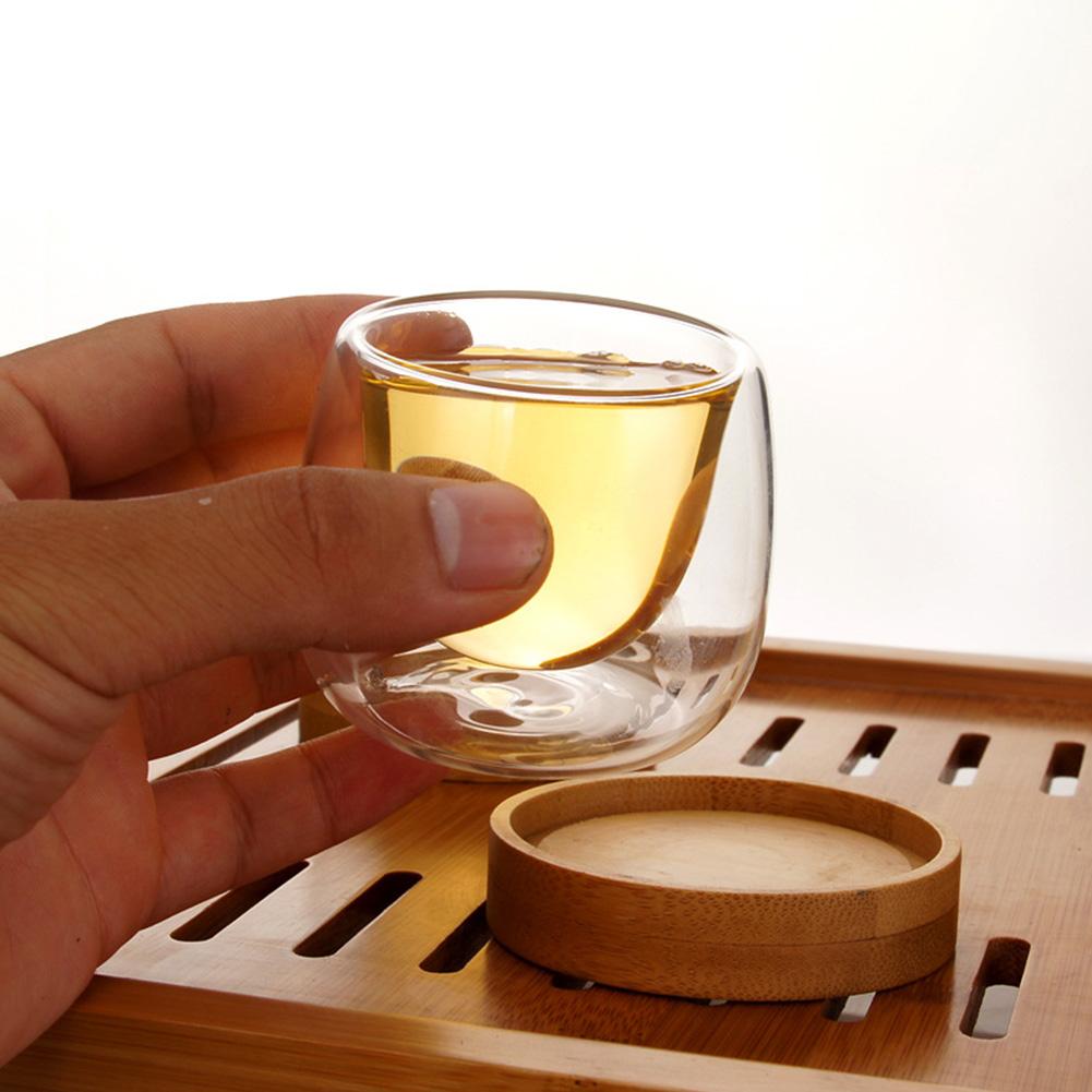 CoolWall Tea Cup — Double-Wall Glass with Wood Tray