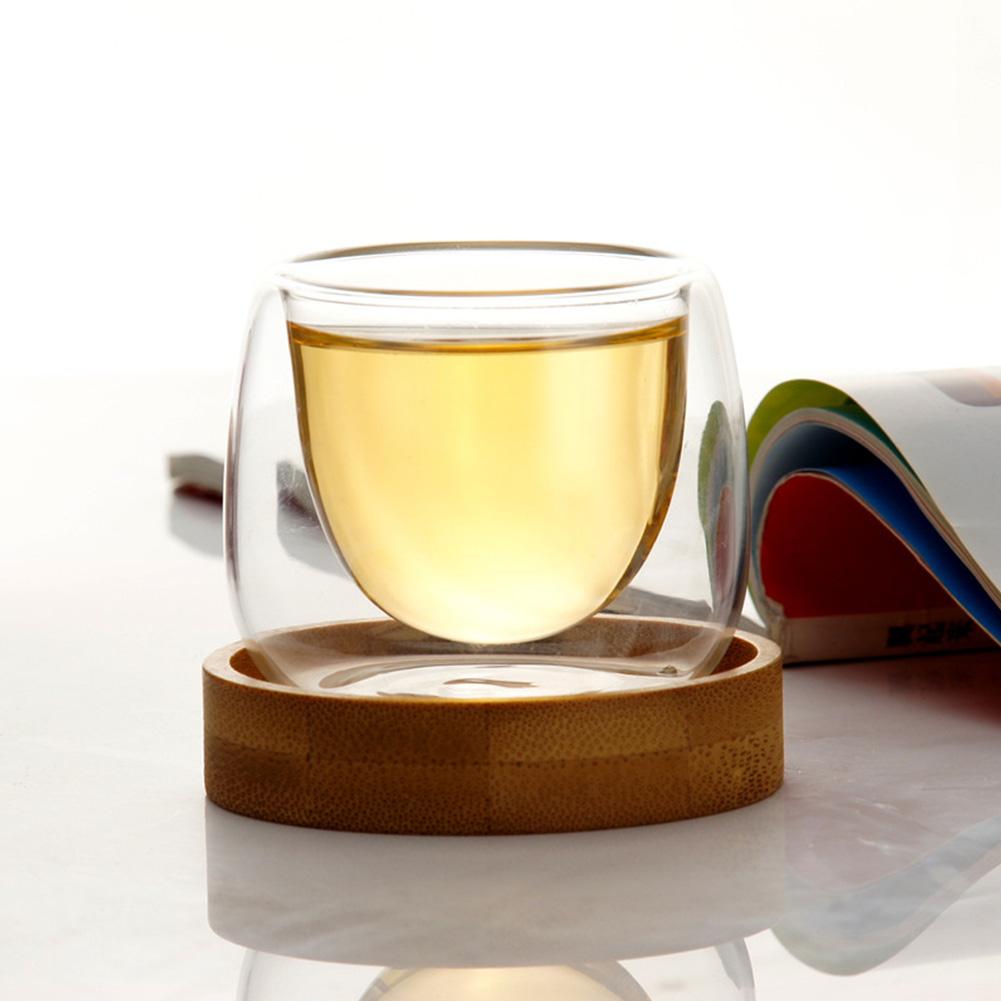 CoolWall Tea Cup — Double-Wall Glass with Wood Tray