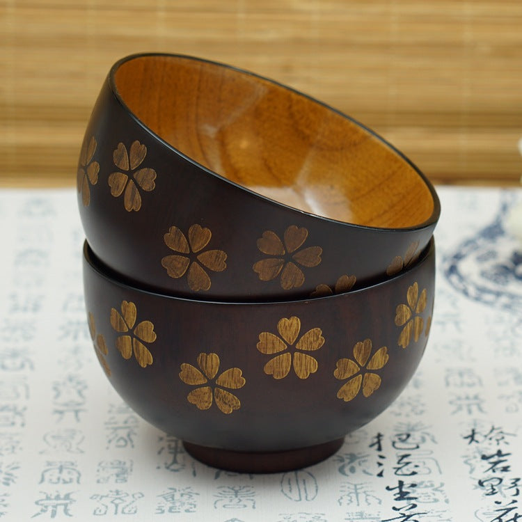 Floral Rice Bowl — Flower-Pattern Solid Wood