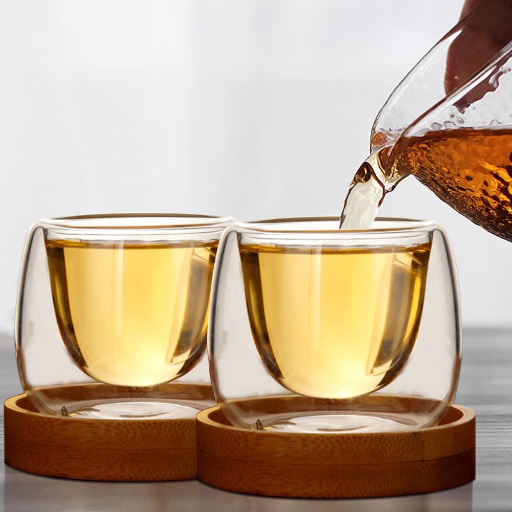 CoolWall Tea Cup — Double-Wall Glass with Wood Tray