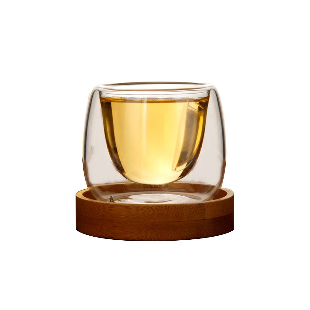 CoolWall Tea Cup — Double-Wall Glass with Wood Tray