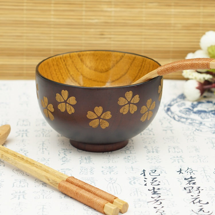 Floral Rice Bowl — Flower-Pattern Solid Wood