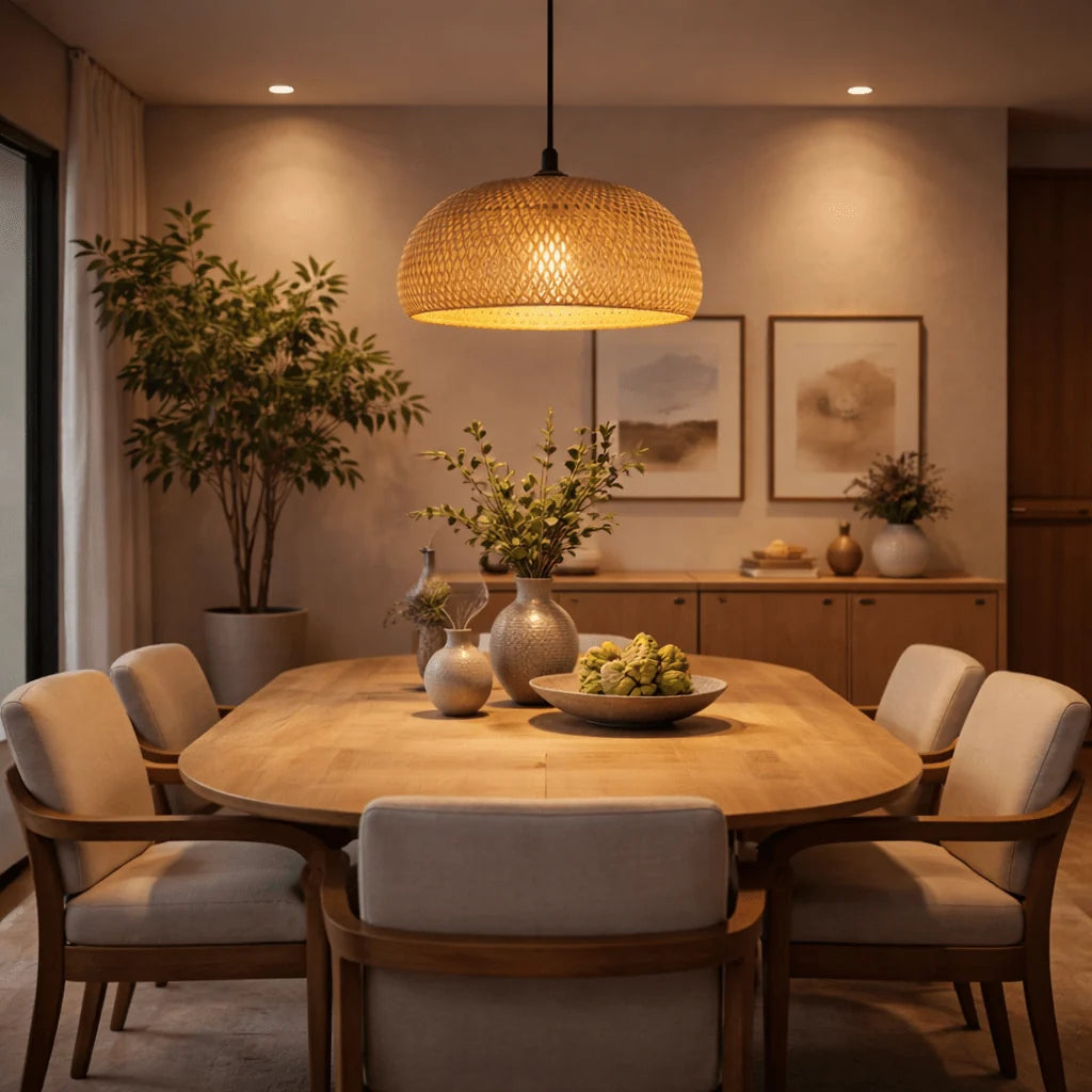 Woven bamboo pendant hanging above a six-seat dining table