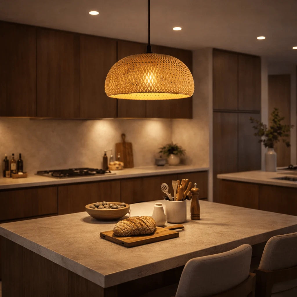 Woven bamboo pendant lit above a kitchen island at night